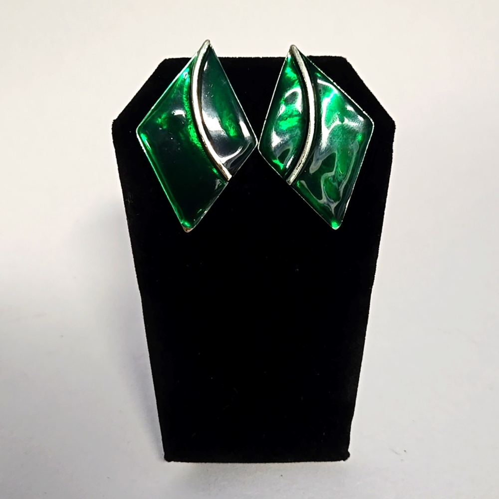 Goldtone Enamel Green Diamond Shape Earrings